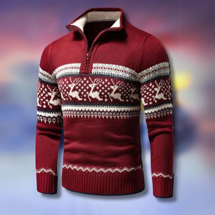 Quarter-Zip Fair Isle Sweater for Men - Stand Collar - Image 1