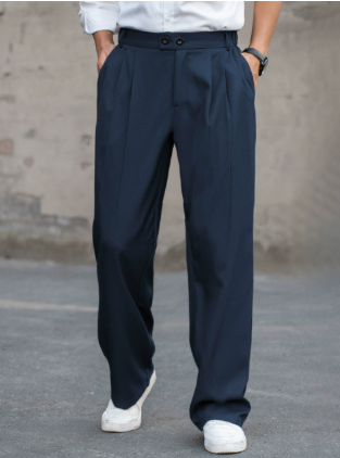 Wide Leg Pleated Dress Pants for Men - High Waisted Double Button - Image 2