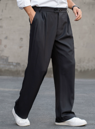 Wide Leg Pleated Dress Pants for Men - High Waisted Double Button - Image 1