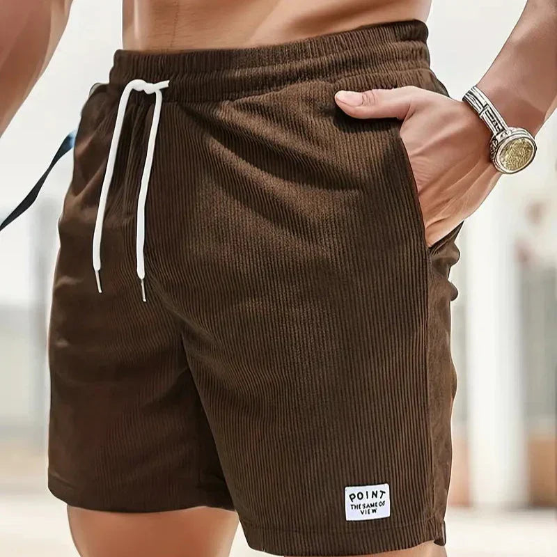 Corduroy Casual Shorts for Men - Drawstring Relaxed Fit - Patch Detail Knee Length - Image 19