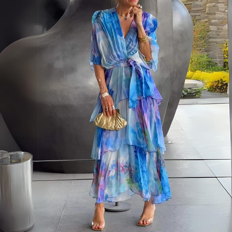Floral Wrap Midi Dress for women - Tie Waist Tiered Skirt - Cap Sleeve - Image 1