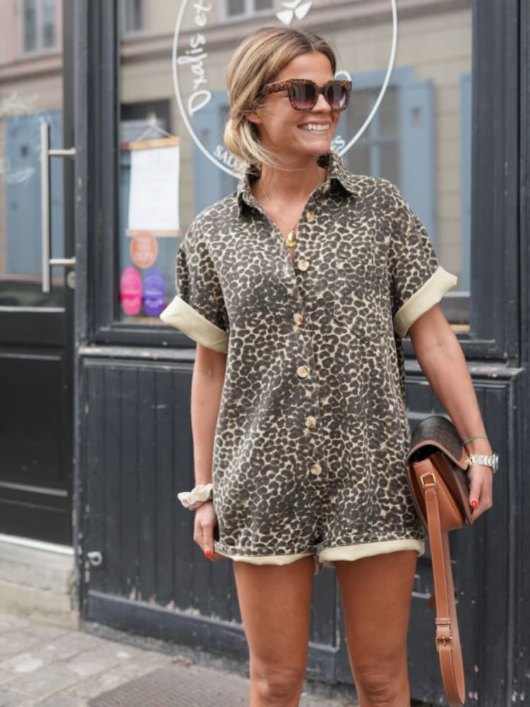Animal Print Button-Up Romper for Women - Collared Cuffed Sleeve - Image 2