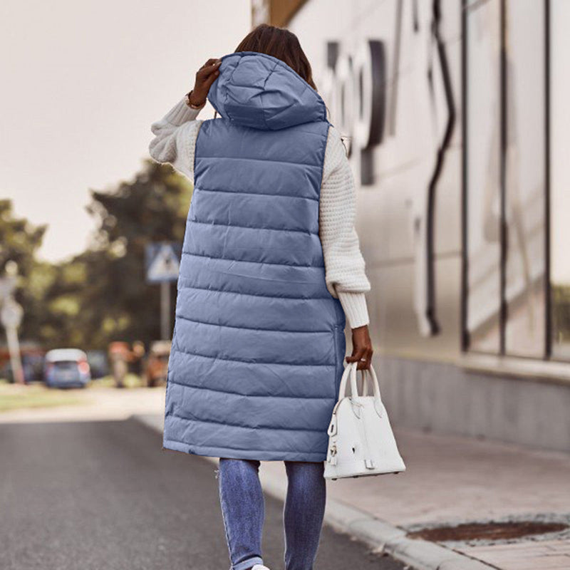 Long Puffer Vest for Women - Hooded - Image 1