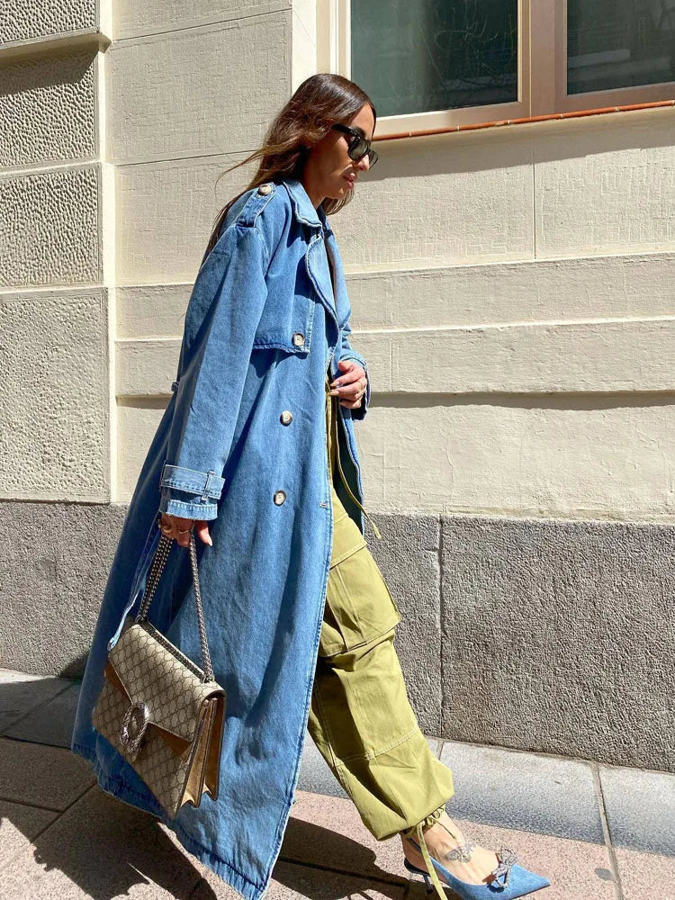 Denim Trench Coat for Women - Double-Breasted - Image 3