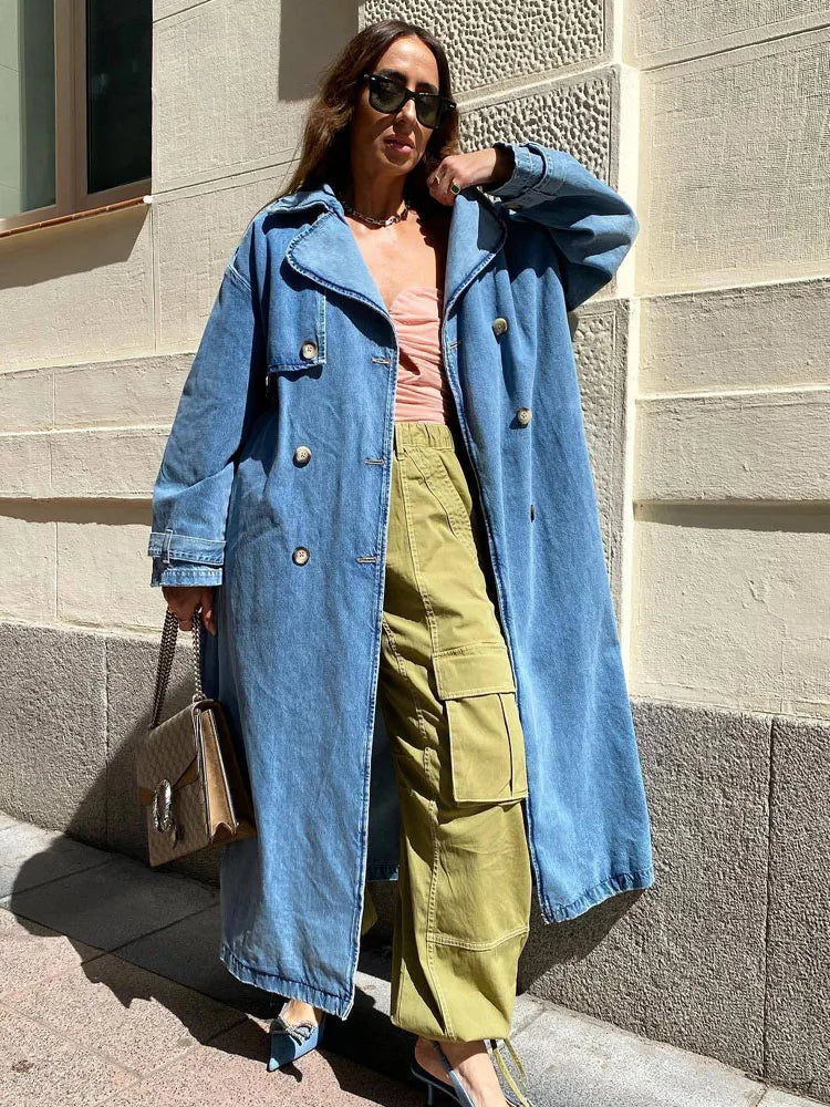 Denim Trench Coat for Women - Double-Breasted - Image 1