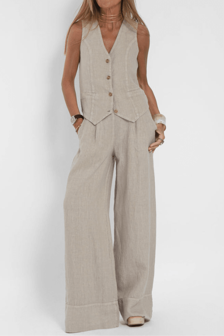 Wide Leg Pant Suit for women - Sleeveless Vest - High Waisted Pleated Pants - Image 1