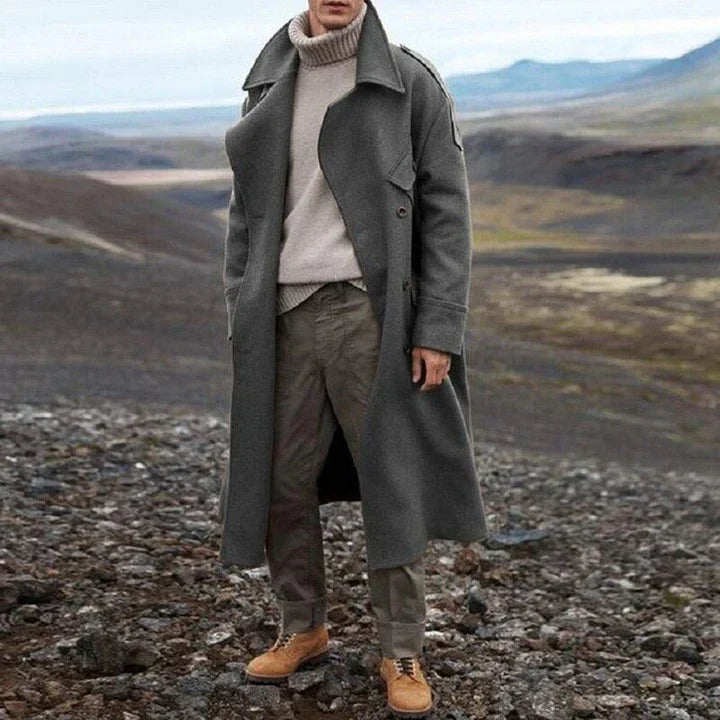 Double-Breasted Long Coat for Men - Notch Lapel - Image 1