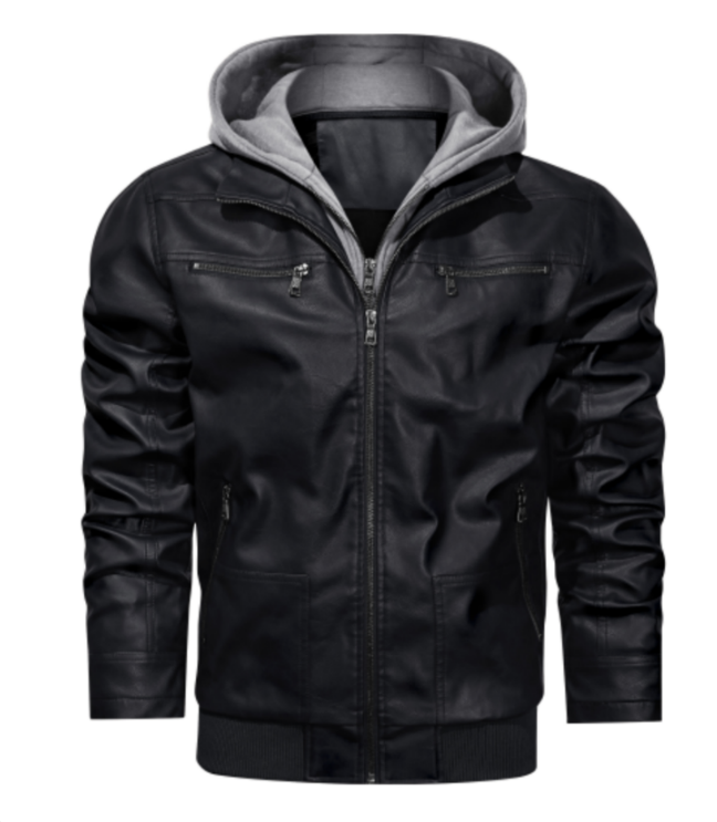 Leather Hooded Bomber Jacket for Men - Zip Front