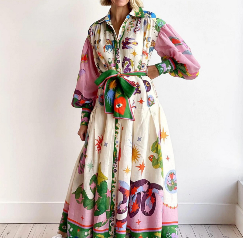 Printed Shirtdress Maxi Dress for women - Long Sleeve Bishop Sleeve - Belted Collared Button-Down - Image 1