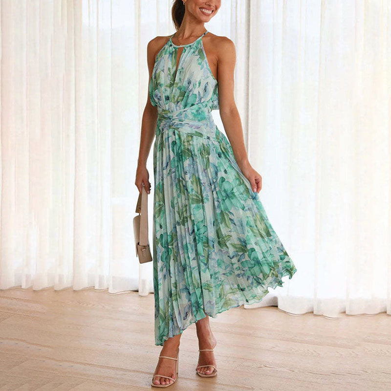Floral Maxi Dress for women - Halter A-Line - Pleated Keyhole Neckline - Image 1