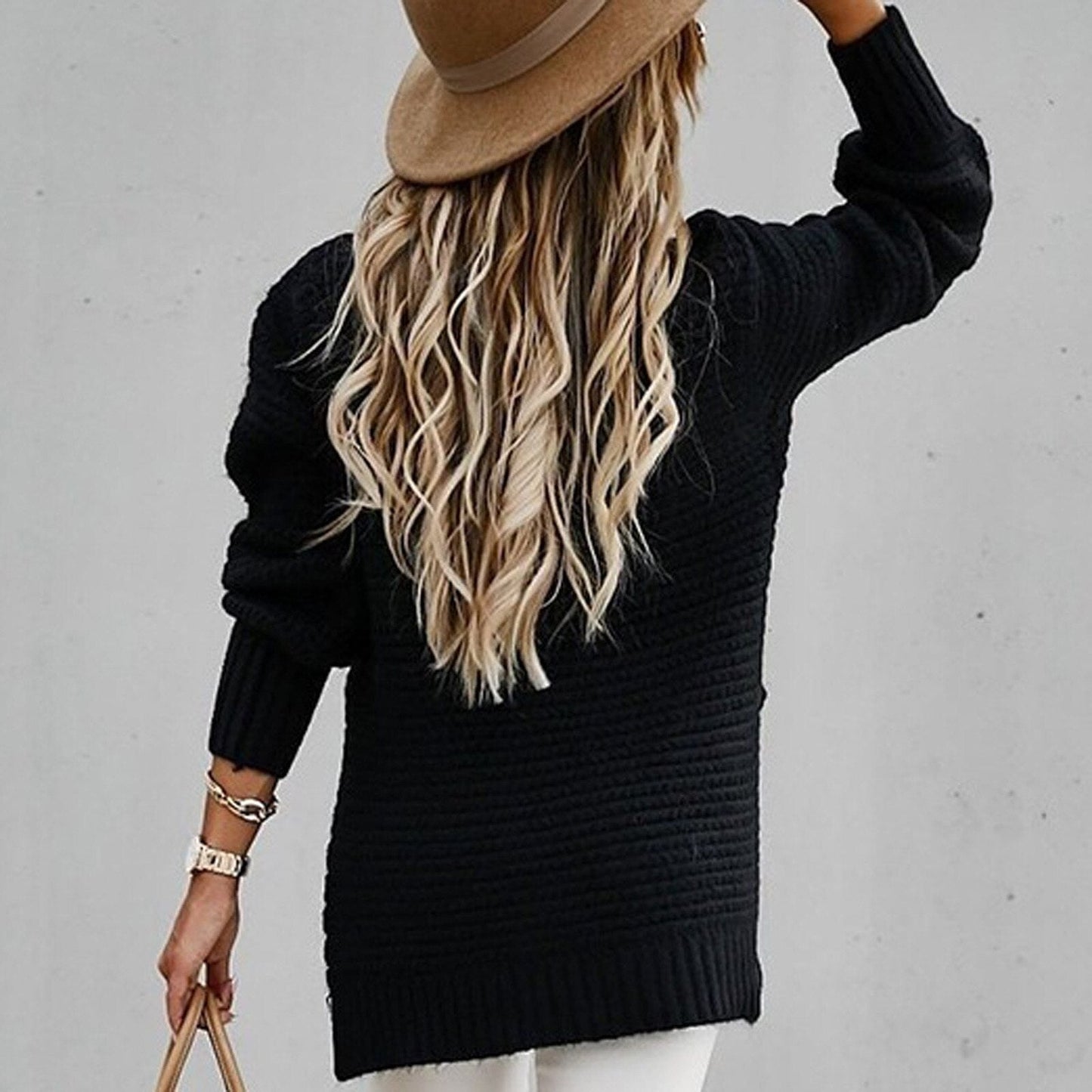 Oversized Pullover Sweater for Women - Split Hem - Image 6