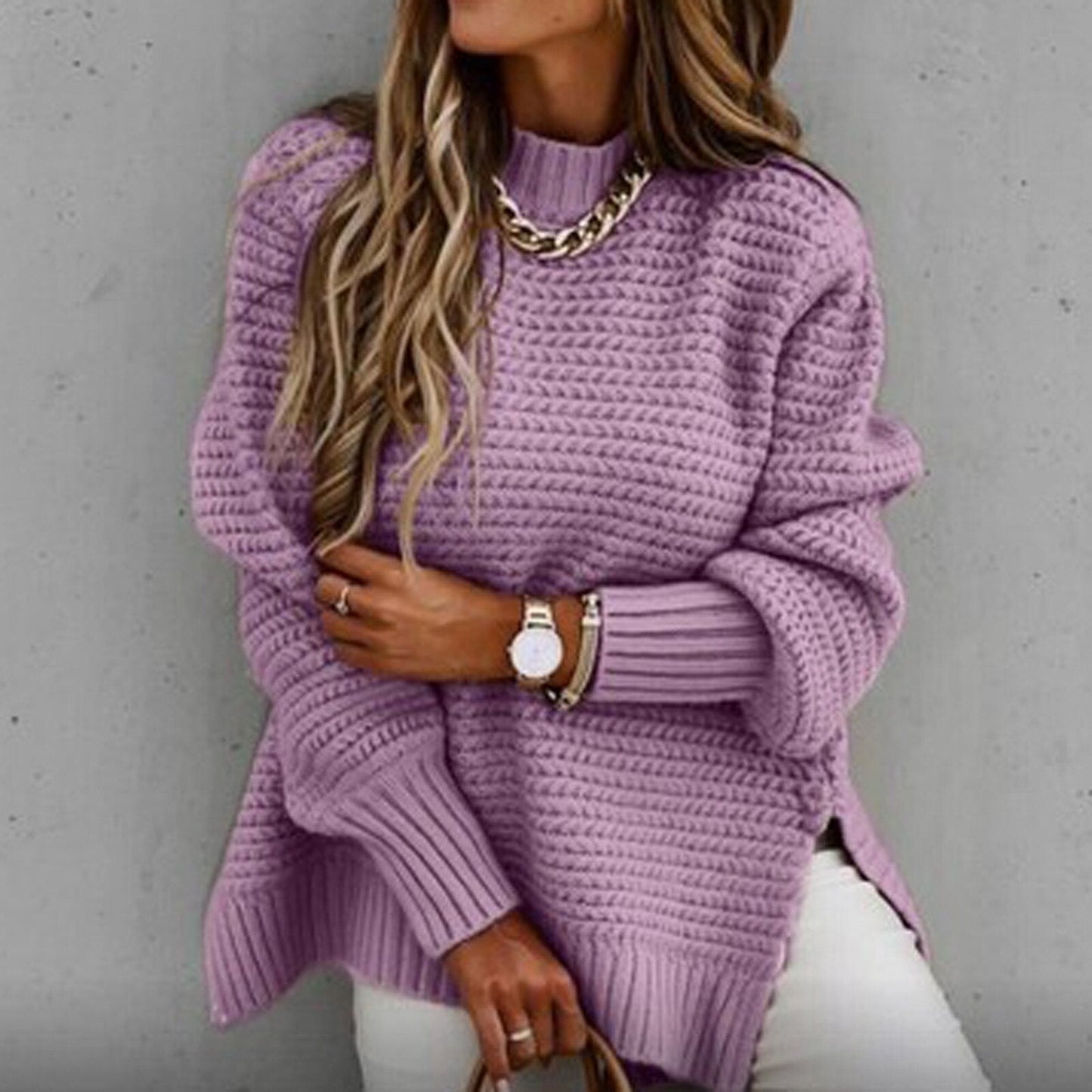 Oversized Pullover Sweater for Women - Split Hem - Image 9