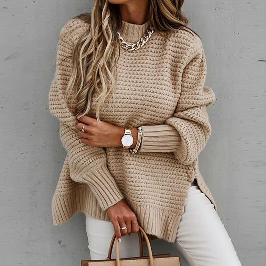 Oversized Pullover Sweater for Women - Split Hem - Image 1