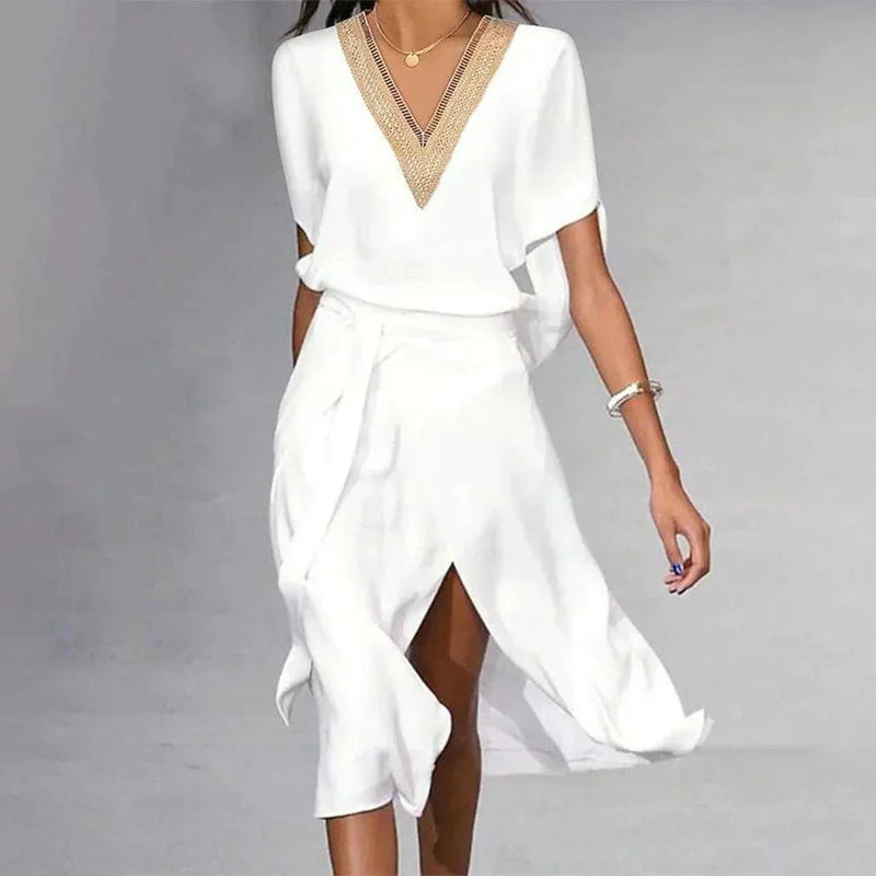 V-Neck Wrap Midi Dress for women - Tie Waist Split Thigh - Short Sleeve - Image 1