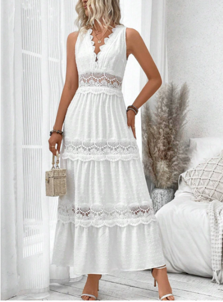 Lace Tiered Maxi Dress for women - Sleeveless V-Neck - Empire Waist Boho - Image 1