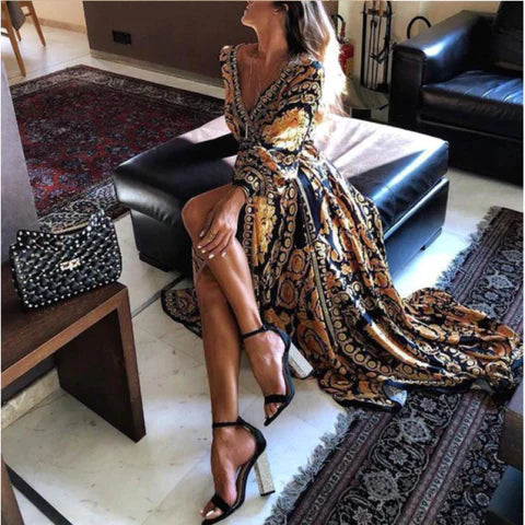 Maxi Dress for women - Long Sleeve Wrap Dress - V-Neck Thigh High Slit - Belted Boho Print - Image 3