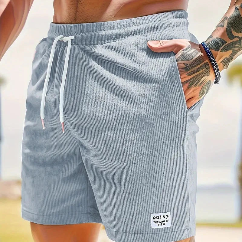 Corduroy Casual Shorts for Men - Drawstring Relaxed Fit - Patch Detail Knee Length - Image 1