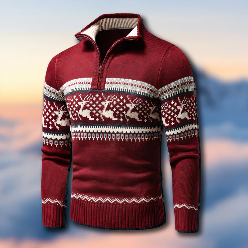 Fair Isle Quarter Zip Sweater for Men - Reindeer Pattern - Image 1