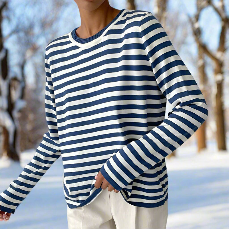 Striped Long Sleeve T-Shirt for women - Crew Neck Relaxed Fit - Image 1