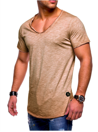 V-Neck Short Sleeve T-Shirt for men - Curved Hem - Slim Fit Raw Edge - Image 1