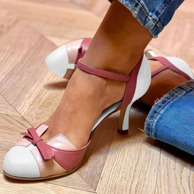 Ankle Strap Heels for women - Bow Heels Pointed Toe - Mid Heel Color Block - Image 2