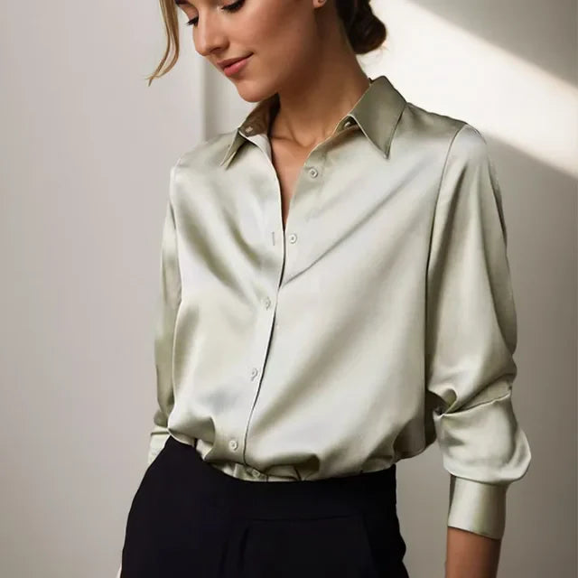 Button-Up Shirt for women - Collared Long Sleeve - Relaxed Fit Cuffed Sleeves - Standard Collar - Image 1