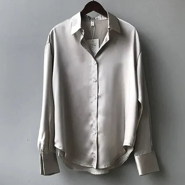Button-Up Shirt for women - Collared Long Sleeve - Relaxed Fit Cuffed Sleeves - Standard Collar - Image 3