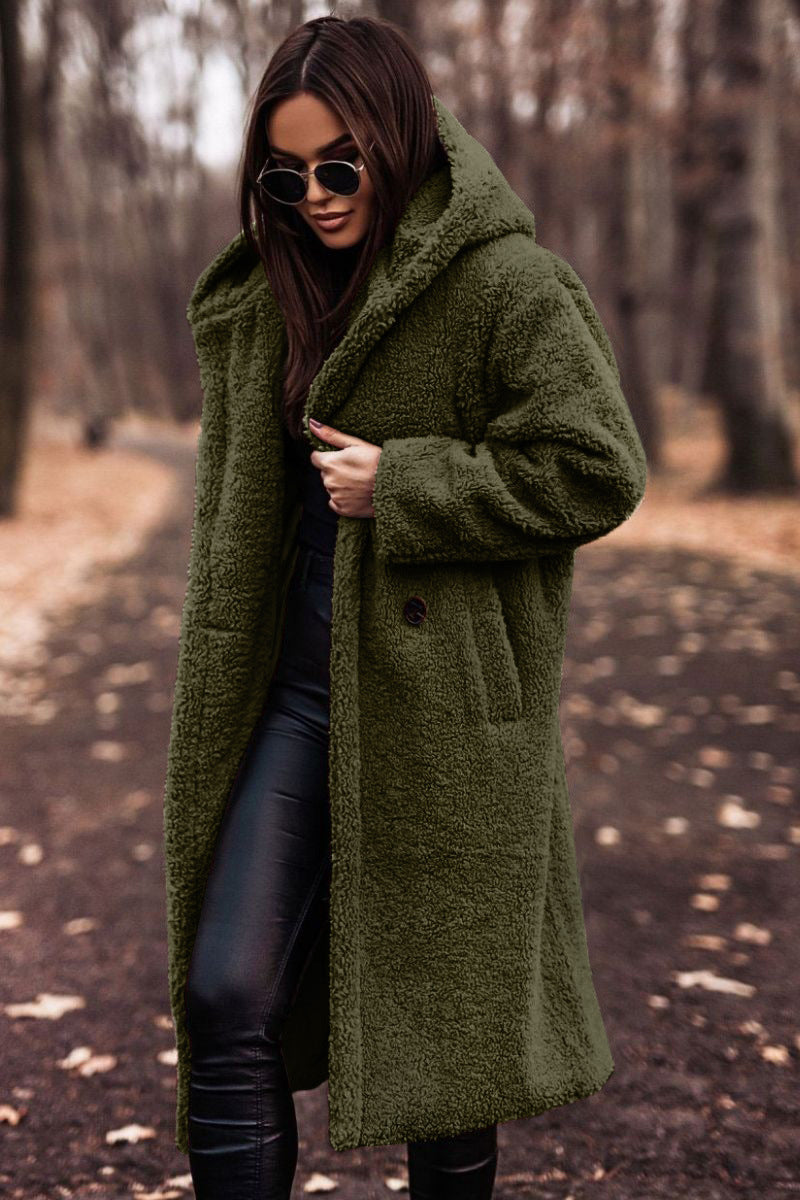 Long Hooded Teddy Coat for Women - Button Front - Image 5
