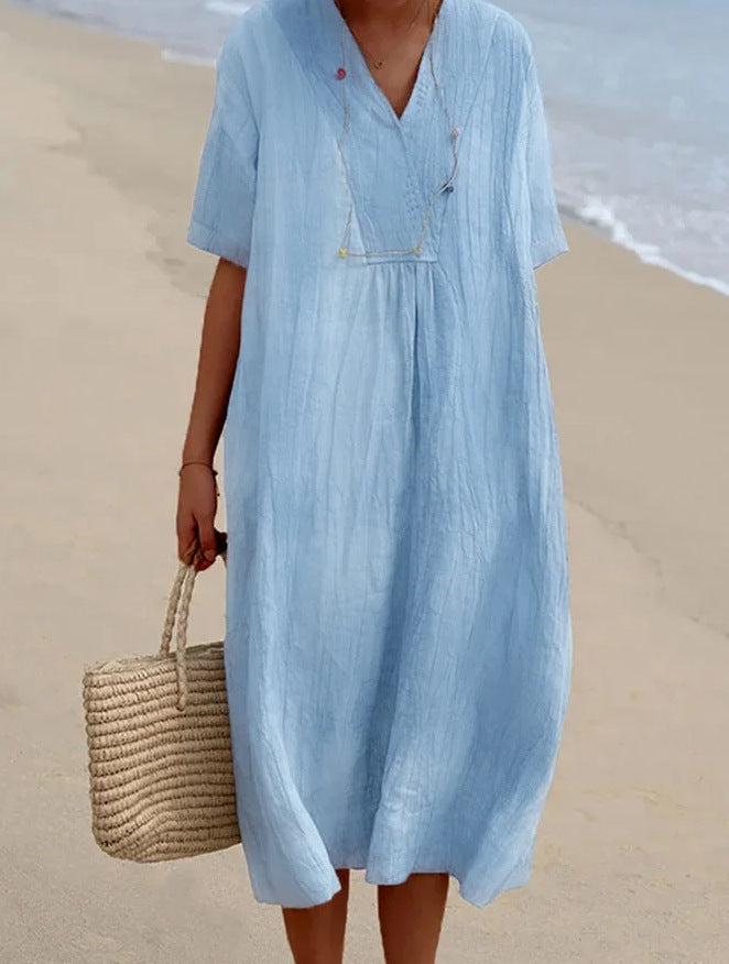 Loose Fit Midi Dress for Women - V-Neck Pleated - Image 1