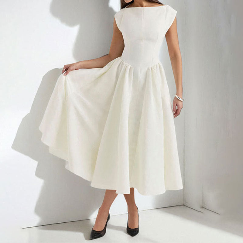 A-Line Midi Dress for Women - Boat Neck Cap Sleeve - Image 1