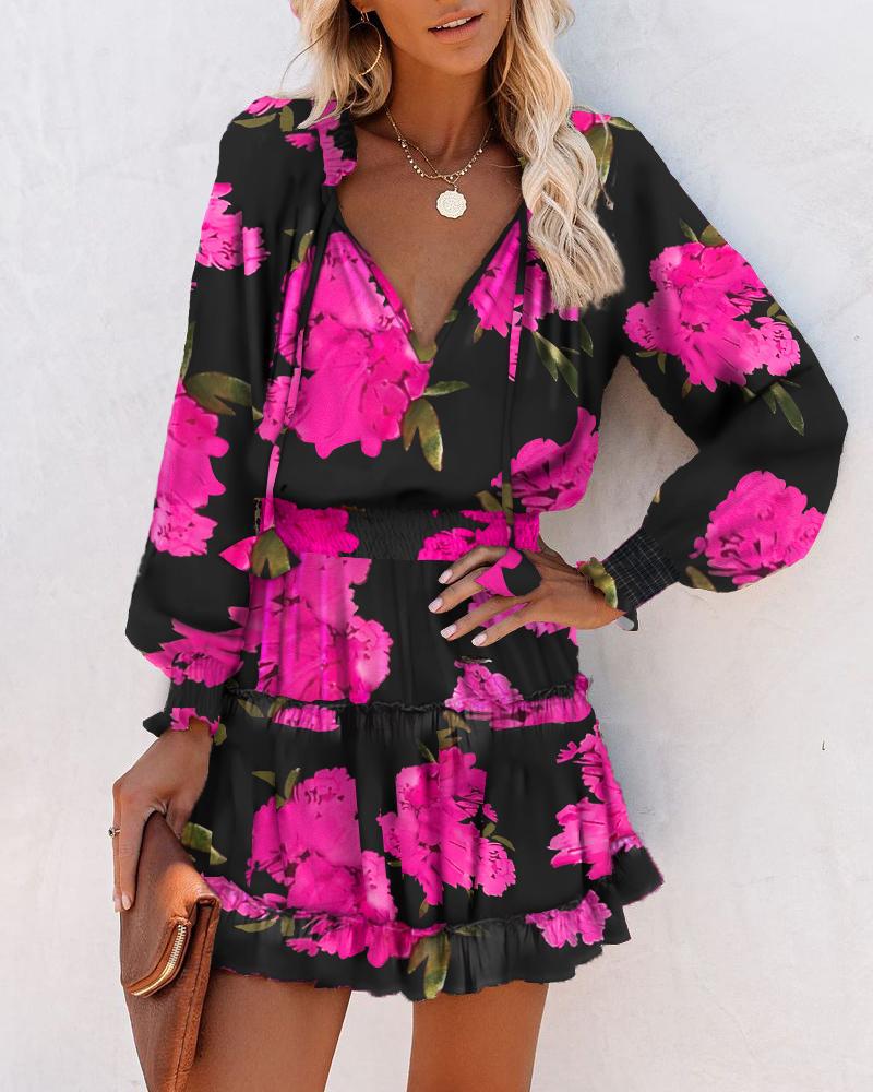 Floral Long Sleeve Mini Dress for women - Ruffle Hem - Smocked Waist Tiered - V-Neck Tie Neck - Image 1