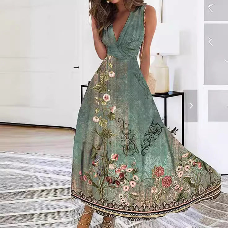 Floral V-Neck A-Line Maxi Dress for women - Sleeveless Wrap Detail - Image 1