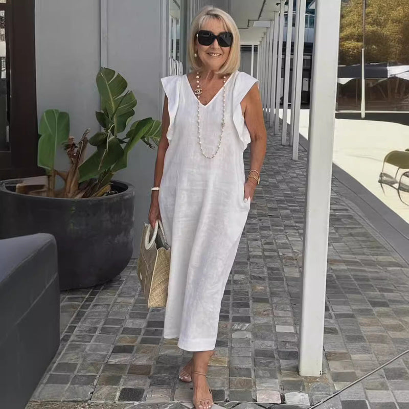 Midi Dress for women - V-Neck Sleeveless - Ruffle Sleeves Pockets - Shift Dress Relaxed Fit - Image 1