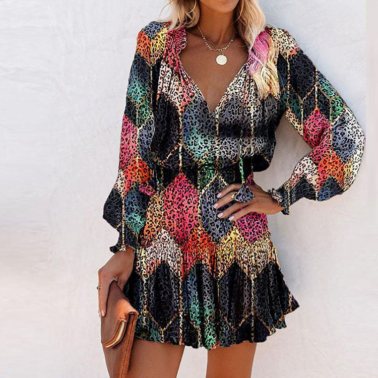 Floral Long Sleeve Mini Dress for women - Ruffle Hem - Smocked Waist Tiered - V-Neck Tie Neck - Image 11
