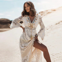 Lace Boho Maxi Dress for women - Long Sleeve V-Neck - Bell Sleeve Empire Waist - Beach Dress - Image 1