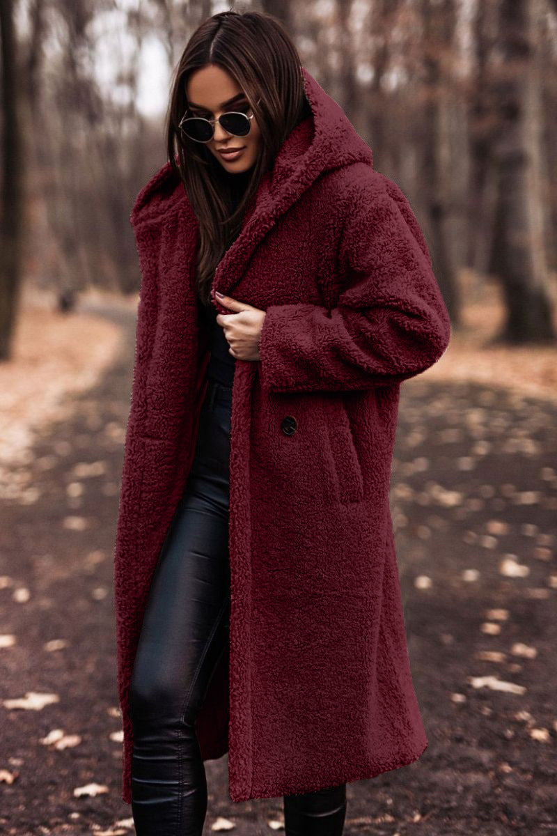 Long Hooded Teddy Coat for Women - Button Front - Image 3