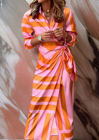 Wrap Midi Dress for women - Long Sleeve Tie Waist - Geometric Print Slit - Image 2