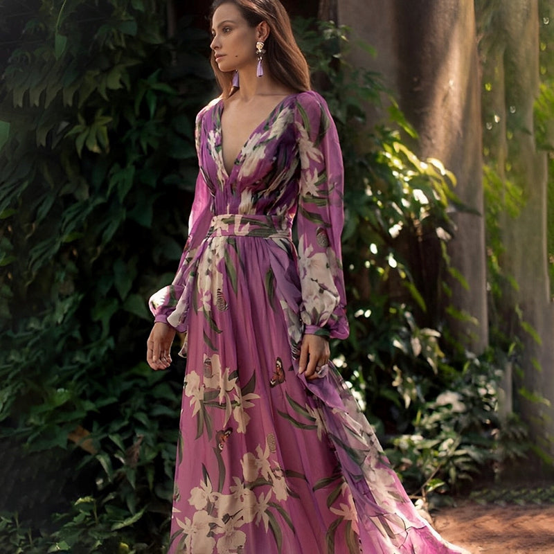 Floral Maxi Dress for Women - Long Sleeve V-Neck - Image 1