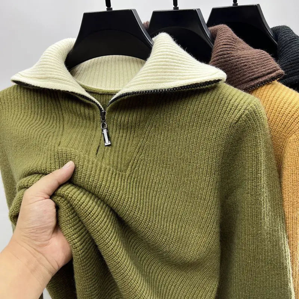 Ribbed Knit Quarter-Zip Sweater for Men - Color Block - Image 3
