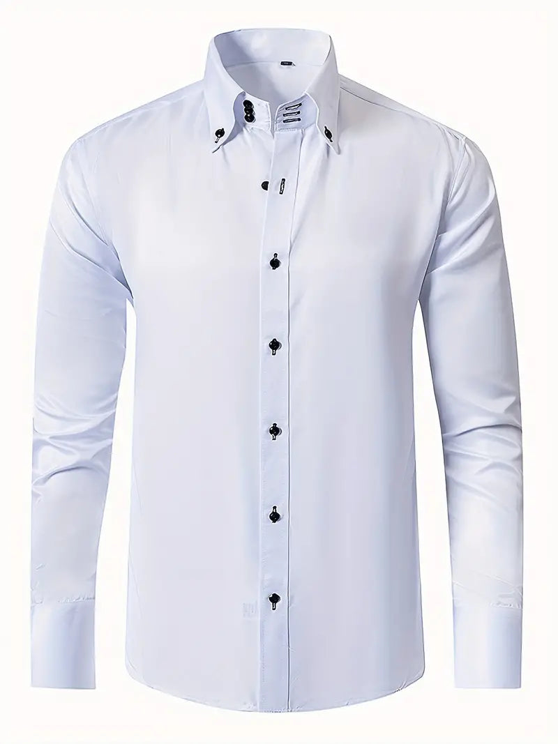 Button-Down Slim Fit Dress Shirt for men - Long Sleeve Point Collar - Buttoned Cuffs Solid Color - Image 1