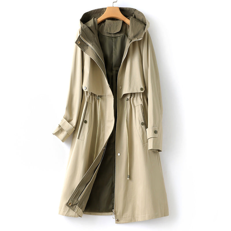 Hooded Trench Coat for Women - Drawstring Waist - Image 1