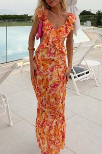 Floral Maxi Dress for Women - Cutout Ruffle Tie Back - Image 1