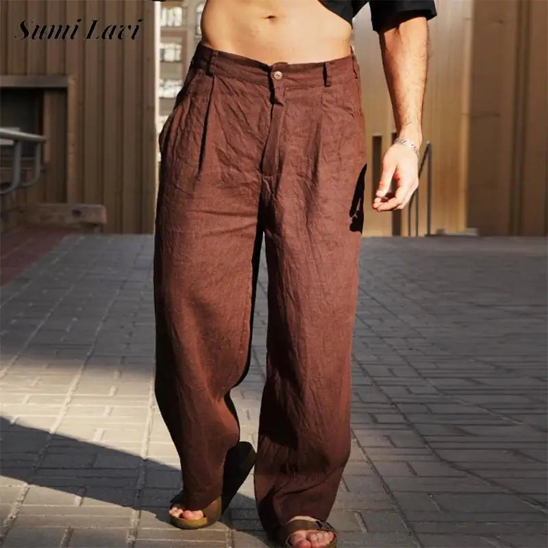 Wide Leg Pleated Pants for Men - High Waist Loose Fit - Casual Pants - Image 1