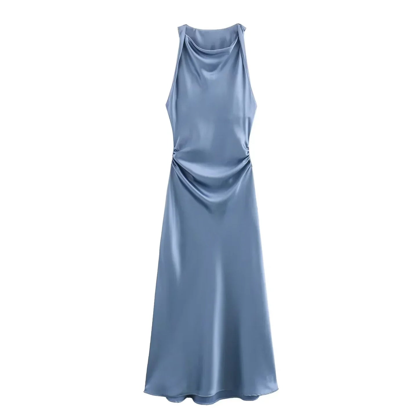 Sleeveless Midi Dress for Women - Cowl Neck Ruched - Image 1