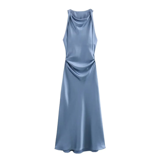 Sleeveless Midi Dress for Women - Cowl Neck Ruched - Image 1