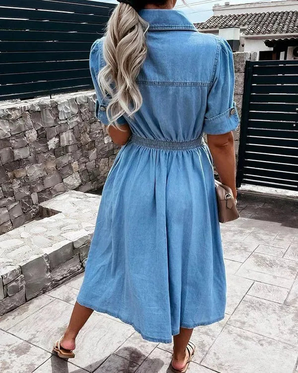Denim Shirt Dress for women - Button-Down A-Line - Short Sleeve Collared - Elastic Waist - Image 1