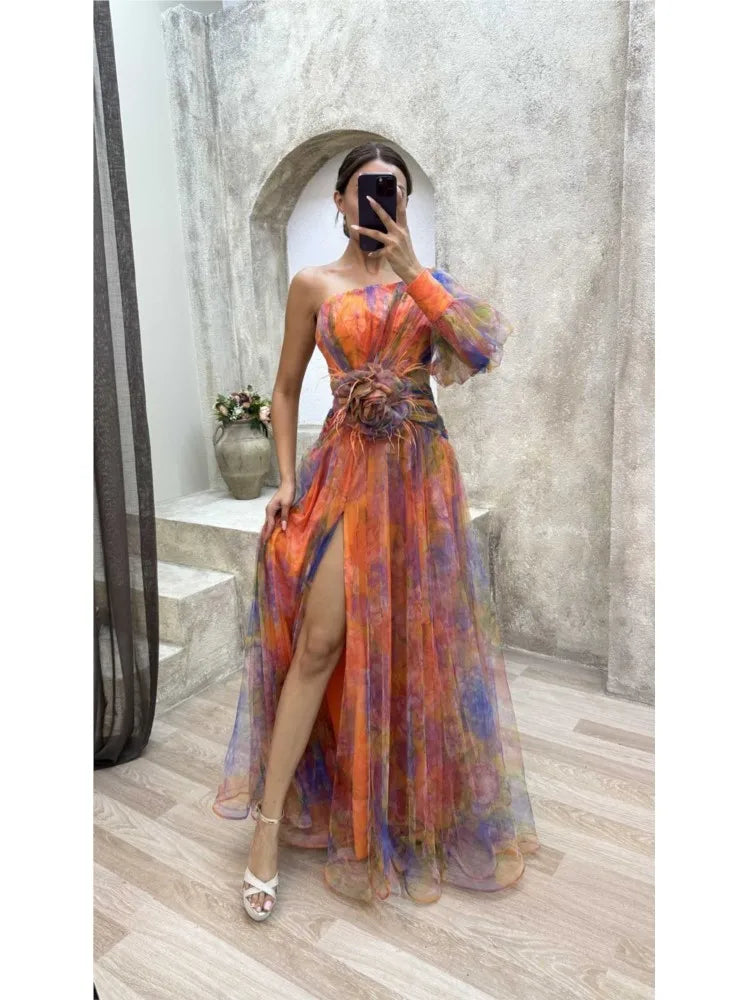 Floral One-Shoulder Gown for women - Slit Puff Sleeve - Ruffle Detail Asymmetric Maxi - Image 1