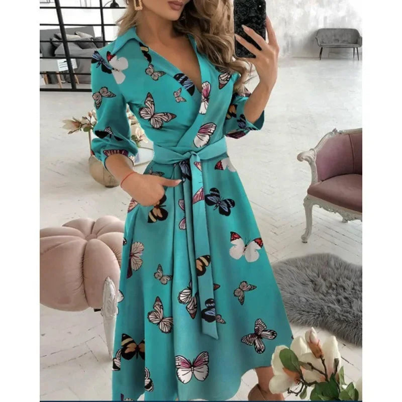 Wrap Midi Dress for women - A-Line Shirt Dress - Tie Waist 3/4 Sleeve - Collared - Image 1