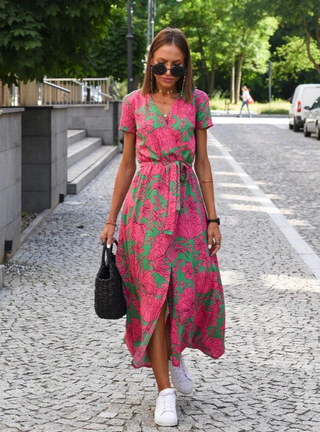 Floral Wrap Midi Dress for Women - Short Sleeve Tie Waist - Image 1