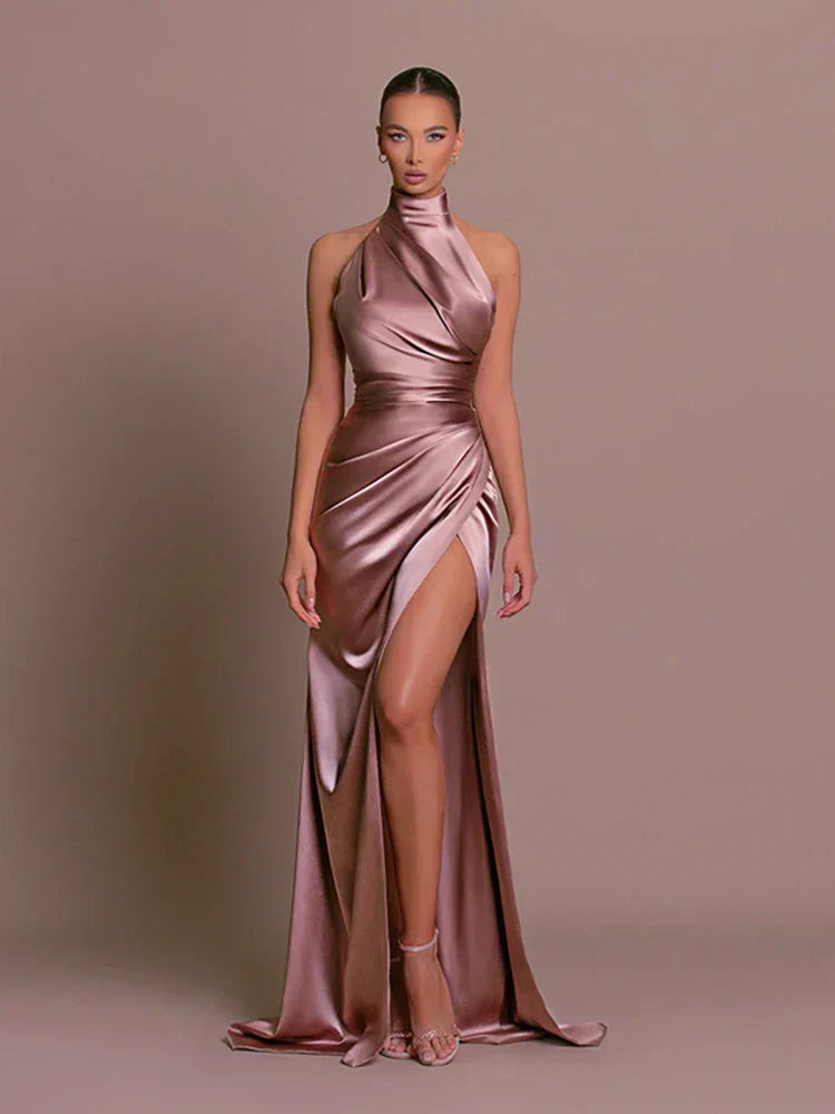 Halter Slit Formal Dress for Women - Floor Length Wrap - Image 1